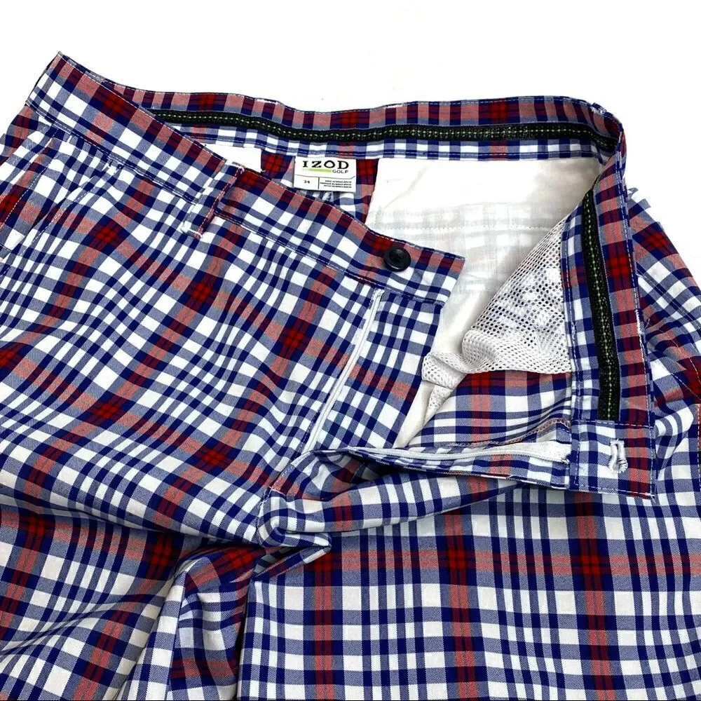 Izod red, white and blue plaid performance golf shorts size 34